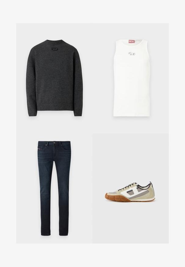 Dunkelgrauer Pullover aus weichem Strickstoff mit Rundhalsausschnitt sowie gerippten Bündchen an Ärmeln und Saum. Mit kleinem Logodetail auf der Rückseite.; Weißes ärmelloses Tanktop aus glattem Stoff, mit kleinem silbernem Logo auf der Brust und einem roten Etikett am Halsausschnitt.; Dunkelblaue Slim-Fit-Jeans mit leichtem Verblassen an den Oberschenkeln, Fronttaschen, Gürtelschlaufen und Knopfverschluss an der Taille.; Athletische Sneakers mit einem beigen Obermaterial, grauen und weißen Akzenten, strukturiertem Wildleder und einer gemusterten Gummisohle. Braune Schnürsenkel und eine Zuglasche sind enthalten.