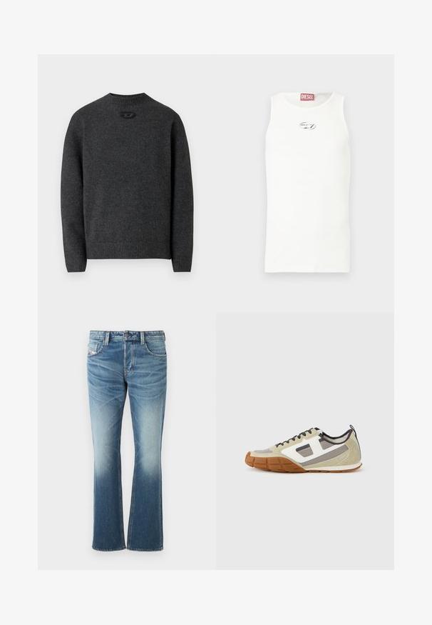 Mørkegrå sweater lavet af blødt strikket stof med rund halsudskæring og ribstrikkede manchetter og kant. Har et lille logodetalje på ryggen.; Hvid ærmeløs tanktop lavet af glat stof, med en lille sølvlogo på brystet og en rød label ved halsudskæringen.; Blå denim jeans med en flared design, der har en falmet vask, fem lommer og kontrastsy. Knaplukning i taljen.; Athletiske sneakers med beige overdel med grå og hvide accenter, tekstureret ruskind og mønstret gummisål. Brune skosnørebånd og en trækflig medfølger.