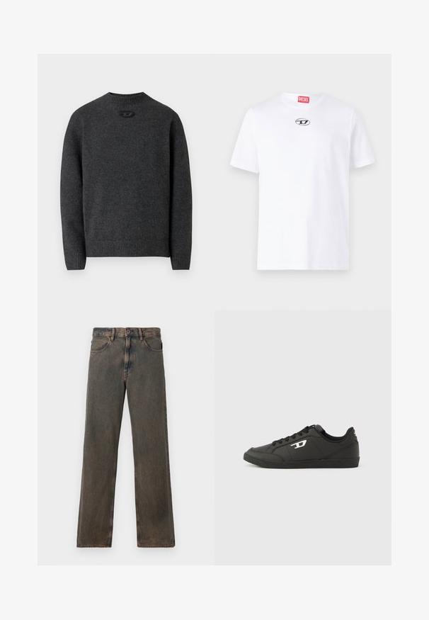 Pull gris foncé en tissu tricoté doux, avec un col rond et des poignets et un ourlet côtelés. Comprend un petit détail de logo à l'arrière.; T-shirt en coton blanc à manches courtes, avec un col rond et un écusson en argent du logo Diesel sur la poitrine. Design simple, couleur unie.; Jeans droits couleur marron délavé avec poches avant, fermeture à bouton et passants de ceinture, présentés sur un fond blanc.; Baskets synthétiques noires avec une semelle noire texturée, un bout rond et des lacets plats noirs. Logo blanc remarquablement placé sur le côté extérieur.