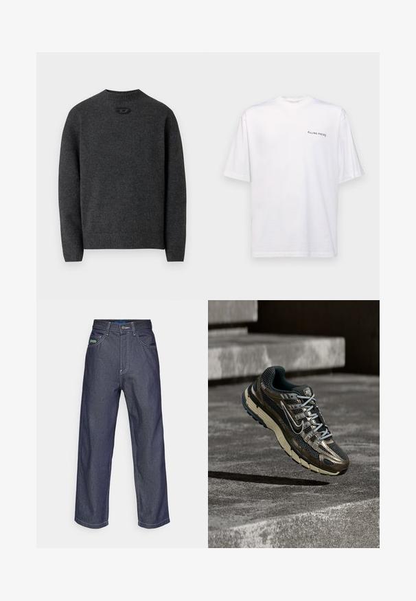 Suéter gris oscuro hecho de tela de punto suave, con cuello redondo y puños y dobladillo acanalados. Incluye un pequeño detalle de logo en la parte trasera.; Camiseta blanca de manga corta en algodón con cuello en V, que presenta un logo negro de "FILLING PIECES" impreso en el lado izquierdo.; Vaqueros anchos de un oscuro azul en tela de mezclilla con costuras en blanco. Cuenta con cinco bolsillos y un pequeño parche de logo verde en la parte frontal.; Zapatilla de correr Nike metálica oscura y negra con suela beige flotando sobre escalones grises de hormigón.