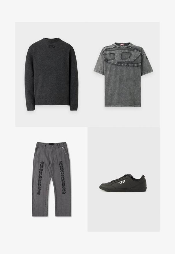 Dunkelgrauer Pullover aus weichem Strickstoff mit Rundhalsausschnitt sowie gerippten Bündchen an Ärmeln und Saum. Mit kleinem Logodetail auf der Rückseite.; Graues Denim-T-Shirt mit kurzen Ärmeln, das ein strukturiertes Patch-Design über der Brust und dezente Used-Effekte im Stoff aufweist.; Grau karierte Hose mit schwarzem Textdetail an den Seiten, mit einer Kette als Akzent am Bund. Gerade Beinform, strukturiertes Material.; Schwarze Sneakers aus synthetischem Material mit einer strukturierten schwarzen Sohle, rundem Zehenbereich und flachen schwarzen Schnürsenkeln. Auffälliges weißes Logo auf der Außenseite.
