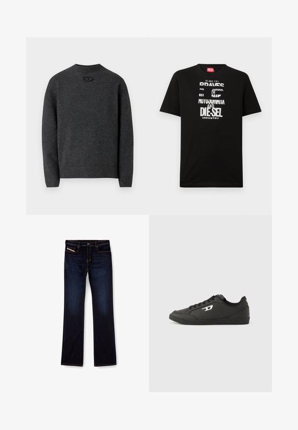 Donkergrijze trui gemaakt van zachte gebreide stof, met een ronde halslijn en geribbelde boorden en zoom. Voorzien van een klein logodetail aan de achterkant.; Zwart katoenen T-shirt met opvallende witte tekstgrafieken, waaronder "DIESEL" en "INDUSTRY", met een ronde hals en korte mouwen.; Donkerblauwe denim jeans met een rechte pijp, voorzien van oranje stiksels, een ritssluiting en voorzakken. Glad oppervlak en een standaard tailleband.; Zwarte sneakers van synthetisch materiaal met een geribbelde zwarte zool, ronde neus en vlakke zwarte veters. Opvallend wit logomerk aan de buitenzijde.