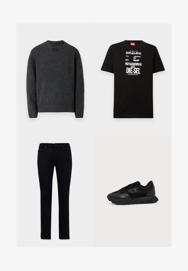 Dunkelgrauer Pullover aus weichem Strickstoff mit Rundhalsausschnitt sowie gerippten Bündchen an Ärmeln und Saum. Mit kleinem Logodetail auf der Rückseite.; Schwarzes Baumwoll-T-Shirt mit kräftigen weißen Textgrafiken, darunter "DIESEL" und "INDUSTRY", mit rundem Halsausschnitt und kurzen Ärmeln.; Schwarze Slim-Fit-Jeans mit Vorder- und Rückentaschen, Gürtelschlaufen und Knopfverschluss, auf einem weißen Hintergrund präsentiert.; Schwarzer Low-Top-Sneaker mit strukturierter Sohle, Mesh- und Lederoberseite, Schnürung vorne und kleinem eingeprägtem Logo auf dem Seitenpanel.