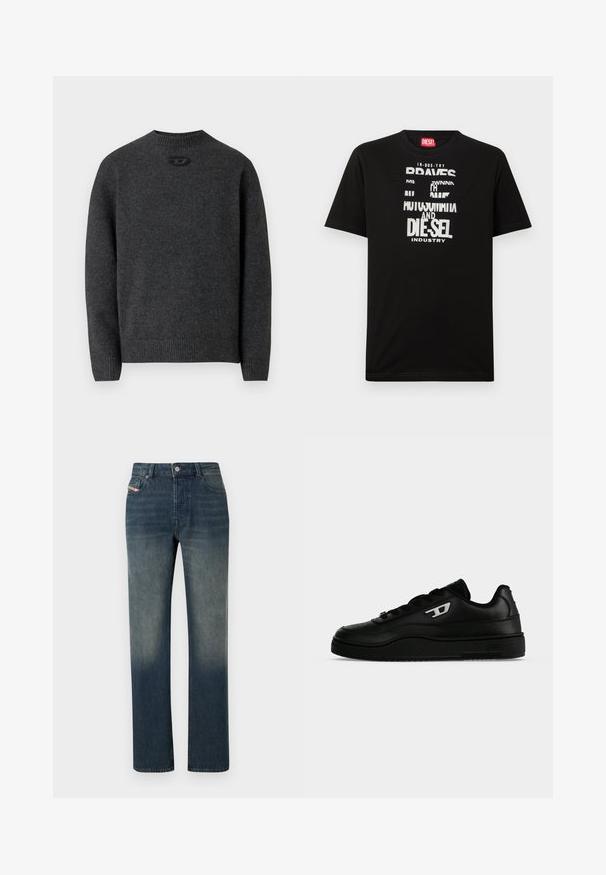 Pull gris foncé en tissu tricoté doux, avec un col rond et des poignets et un ourlet côtelés. Comprend un petit détail de logo à l'arrière.; T-shirt noir en coton avec des graphismes textuels blancs audacieux, incluant "DIESEL" et "INDUSTRY", avec un col rond et des manches courtes.; Jean en denim bleu à jambe droite avec lavage délavé, fermeture avant par bouton et fermeture éclair, et design à cinq poches.; Baskets basses noires avec semelle épaisse, lacets sur le devant et petit logo blanc "D" sur le côté, présentées sur un fond blanc uni.