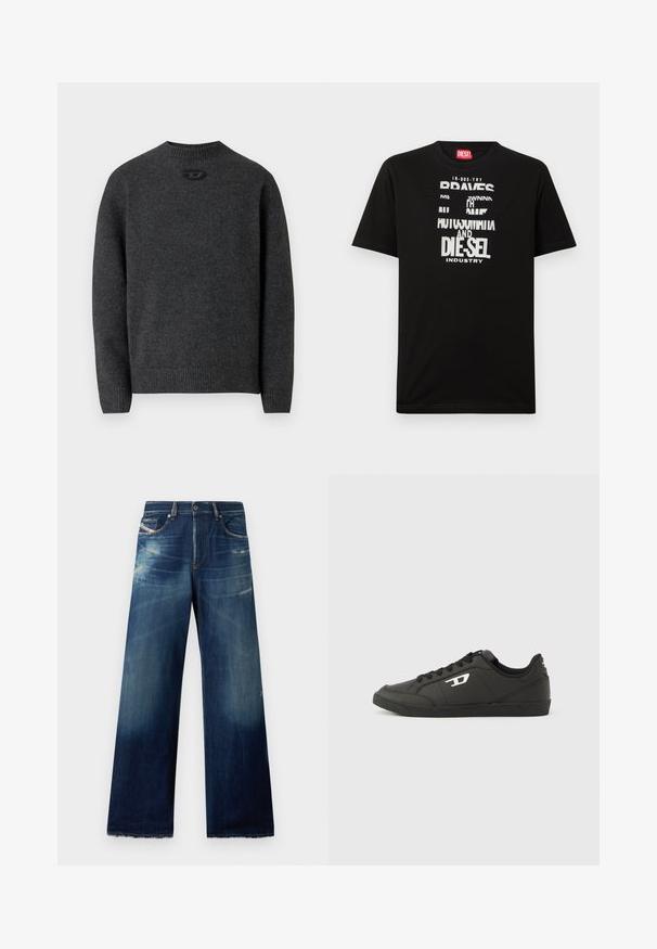 Mørkegrå sweater lavet af blødt strikket stof med rund halsudskæring og ribstrikkede manchetter og kant. Har et lille logodetalje på ryggen.; Sort bomulds-T-shirt med fed hvide tekstgrafik, herunder "DIESEL" og "INDUSTRY", med rund halsudskæring og korte ærmer.; Bredde denim jeans i mørkeblå med slidte områder, distressed detaljer og flossede kanter. Fire lommer og knaplukning.; Sorte syntetiske sneakers med en struktureret sort sål, rund tå og flade sorte snørebånd. Fremtrædende hvidt logo på ydersiden.