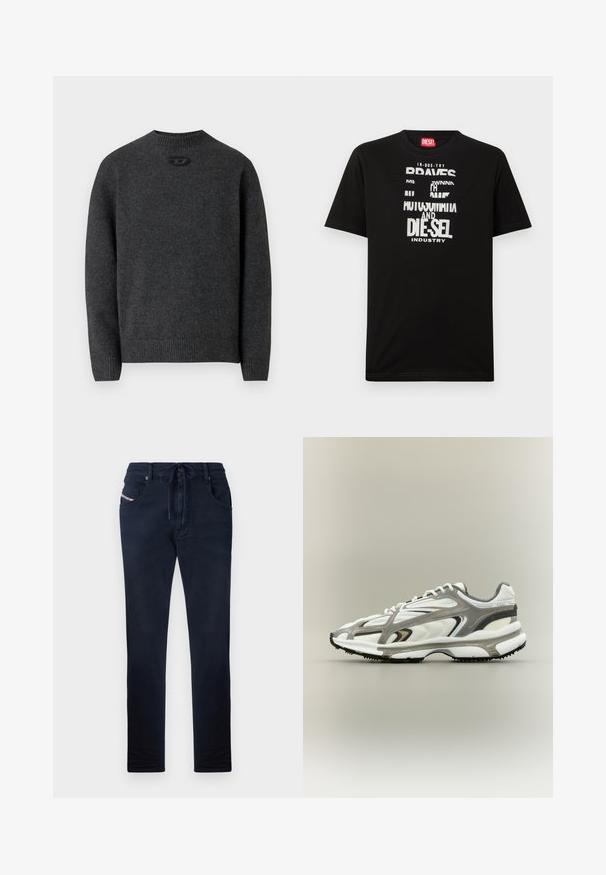 Suéter gris oscuro hecho de tela de punto suave, con cuello redondo y puños y dobladillo acanalados. Incluye un pequeño detalle de logo en la parte trasera.; Camiseta negra de algodón con gráficos de texto blanco llamativos, que incluyen "DIESEL" e "INDUSTRY", con cuello redondo y mangas cortas.; Pantalones azul marino con cintura ajustable, corte recto, dos bolsillos frontales y un sutil detalle de logo en el bolsillo izquierdo. Textura suave.; Zapatilla deportiva con una parte superior de malla blanca, acentos grises, suela de goma negra y un diseño aerodinámico. Presenta cordones y detalles texturizados.