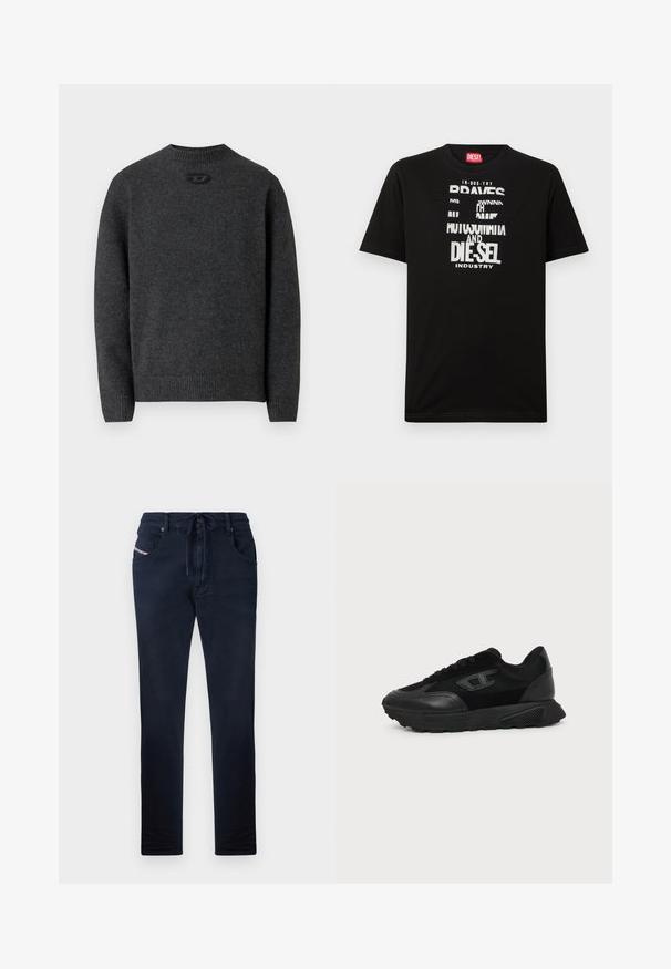 Donkergrijze trui gemaakt van zachte gebreide stof, met een ronde halslijn en geribbelde boorden en zoom. Voorzien van een klein logodetail aan de achterkant.; Zwart katoenen T-shirt met opvallende witte tekstgrafieken, waaronder "DIESEL" en "INDUSTRY", met een ronde hals en korte mouwen.; Marineblauwe broek met een trekkoord in de taille, rechte snit, twee voorkanten zakken en subtiele logo-detail op de linkerzak. Soepele textuur.; Zwarte lage sneaker met een gestructureerde zool, mesh en leren bovenwerk, veters aan de voorkant en een klein reliëflogo op het zijpaneel.