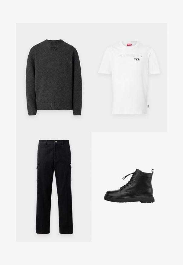 Dunkelgrauer Pullover aus weichem Strickstoff mit Rundhalsausschnitt sowie gerippten Bündchen an Ärmeln und Saum. Mit kleinem Logodetail auf der Rückseite.; Weißes Baumwoll-T-Shirt mit Rundhalsausschnitt und kurzen Ärmeln, mit einem schwarzen Druckmotiv und dem Markennamen "DIESEL", der zentriert über einer Augengrafik platziert ist.; Schwarze Corduroy-Cargo-Hose mit geradem Bein, Seitentaschen und einem sichtbaren Markenetikett an der rechten Tasche. Strukturierter Stoff.; Schwarze Lederknöchelstiefel mit glatter Oberfläche, runder Zehenform und Schnürung an der Vorderseite. Mit einer dicken Gummisohle und einer Schlaufe auf der Rückseite ausgestattet.