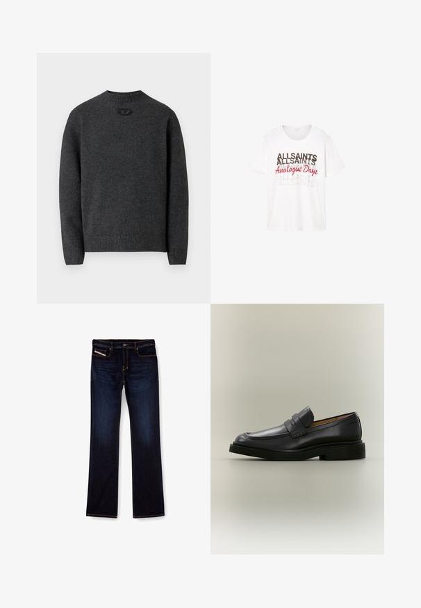 Dunkelgrauer Pullover aus weichem Strickstoff mit Rundhalsausschnitt sowie gerippten Bündchen an Ärmeln und Saum. Mit kleinem Logodetail auf der Rückseite.; Weißes T-Shirt mit kurzen Ärmeln und übereinander liegendem Text „ALLSAINTS“ in Schwarz und Grau sowie „Analogue Days“ in roter Schreibschrift auf der Vorderseite.; Dunkelblaue Jeans aus Denim mit geradem Bein, ausgestattet mit orangefarbenen Nähten, einem Reißverschluss und Vordertaschen. Glatte Textur und Standardbund.; Schwarzer Leder-Herrenloafer mit niedrigem Absatz und Riemendetail über dem Vorderblatt, im Profil auf neutralem Hintergrund gezeigt.