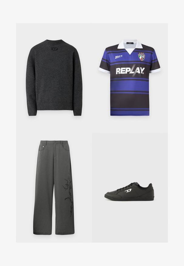 Mørkegrå sweater lavet af blødt strikket stof med rund halsudskæring og ribstrikkede manchetter og kant. Har et lille logodetalje på ryggen.; Sort og blå fodboldtrøje med horisontale striber, hvid krave og "REPLAY" logo. Har et skjoldemblem med stjerner ovenfor.; Bredbenede, mørkegrå stofbukser med striber, som har forlommer og et sort dekorativt print på venstre side.; Sorte syntetiske sneakers med en struktureret sort sål, rund tå og flade sorte snørebånd. Fremtrædende hvidt logo på ydersiden.