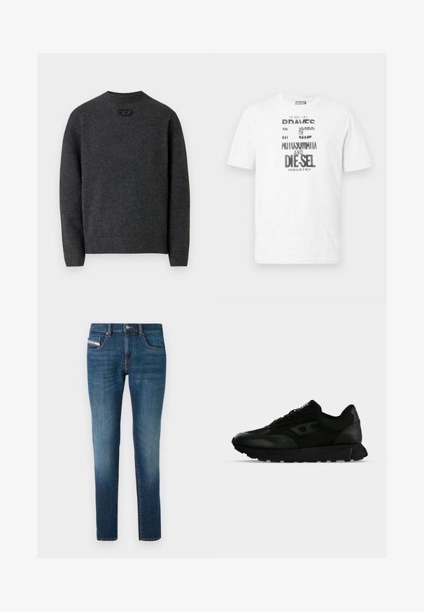 Pull gris foncé en tissu tricoté doux, avec un col rond et des poignets et un ourlet côtelés. Comprend un petit détail de logo à l'arrière.; T-shirt Diesel blanc à manches courtes avec texte graphique noir et blanc et logo sur le devant, col rond et étiquette logo rouge sur la couture latérale.; Jean en denim bleu foncé avec un léger délavage, coupe droite, cinq poches et des détails de couture contrastés.; Baskets basses noires avec cuir texturé et panneaux en tissu, fermeture lacets et semelle épaisse en caoutchouc sur un fond clair uni.