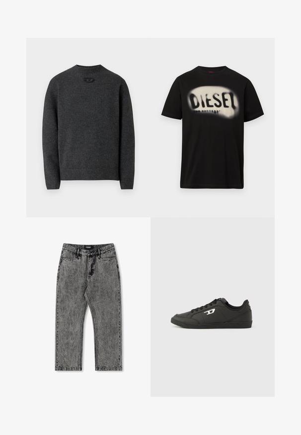 Dunkelgrauer Pullover aus weichem Strickstoff mit Rundhalsausschnitt sowie gerippten Bündchen an Ärmeln und Saum. Mit kleinem Logodetail auf der Rückseite.; Schwarzes Baumwoll-T-Shirt mit einem großen, verschwommenen weißen Logo und dem Schriftzug "DIESEL" auf der Vorderseite. Kurzärmlig, mit rundem Halsausschnitt.; Graue Denim-Jeans mit einem verranzten Finish, geradem Bein Design und fünf Taschen. Mit einem Etikett mit "FORMER" am Bund.; Schwarze Sneakers aus synthetischem Material mit einer strukturierten schwarzen Sohle, rundem Zehenbereich und flachen schwarzen Schnürsenkeln. Auffälliges weißes Logo auf der Außenseite.