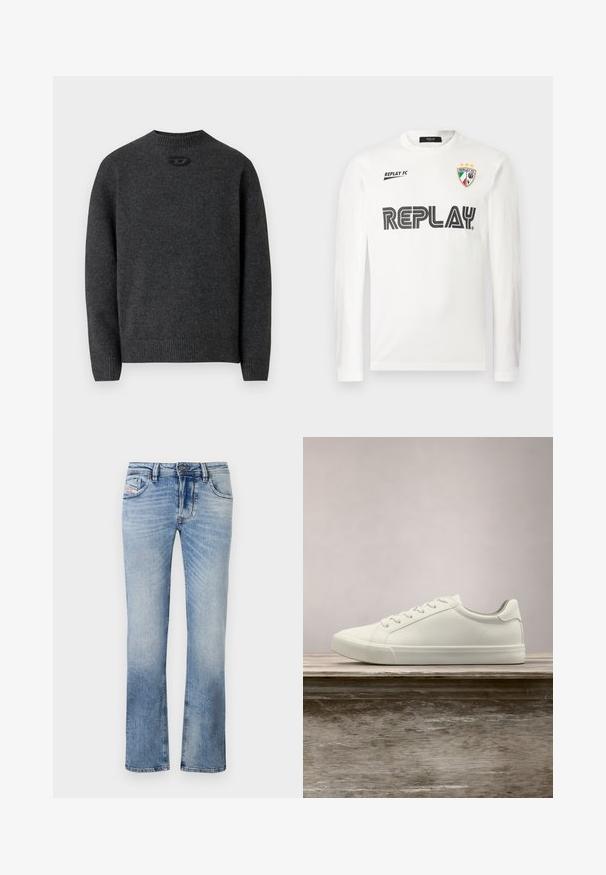 Dunkelgrauer Pullover aus weichem Strickstoff mit Rundhalsausschnitt sowie gerippten Bündchen an Ärmeln und Saum. Mit kleinem Logodetail auf der Rückseite.; Weißes Langarmhemd mit schwarzem "REPLAY"-Schriftzug über der Brust, kleinem "REPLAY FC"-Schriftzug oben links und einem dreifarbigen Wappenemblem mit drei Sternen oben rechts.; Hellblaue Jeans aus Denim mit geradem Schnitt, ausgestattet mit Fronttaschen, einem Reißverschluss und subtilen Verfärbungen im gesamten Stoff.; Weiße Schnürsneaker, die über einer Holzbank mit grünem Laub im Hintergrund schweben und das Schuhdesign sowie die Textur zeigen.