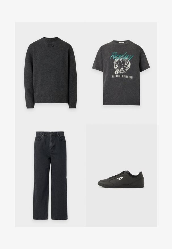 Dunkelgrauer Pullover aus weichem Strickstoff mit Rundhalsausschnitt sowie gerippten Bündchen an Ärmeln und Saum. Mit kleinem Logodetail auf der Rückseite.; Schwarz gewaschenes T-Shirt mit türkisfarbenem "Replay"-Schriftzug, brüllendem Tiger-Design und weißem "Wild Breed Tour 1981"-Text darunter.; Dunkelblaue Denim-Hosen mit weitem Bein, Fünf-Taschen-Design und Knopfverschluss. Enthält Hardware in kupferfarbener Ausführung und eine subtile Textur.; Schwarze Sneakers aus synthetischem Material mit einer strukturierten schwarzen Sohle, rundem Zehenbereich und flachen schwarzen Schnürsenkeln. Auffälliges weißes Logo auf der Außenseite.