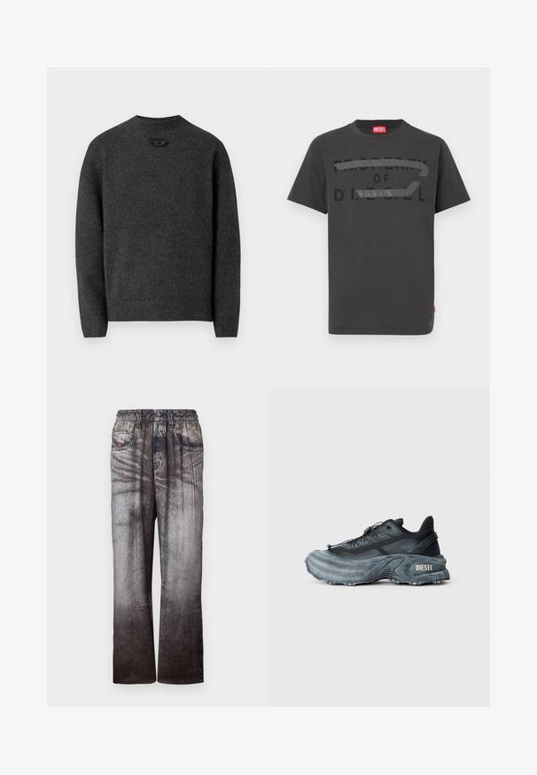 Mørkegrå sweater lavet af blødt strikket stof med rund halsudskæring og ribstrikkede manchetter og kant. Har et lille logodetalje på ryggen.; Grå bomulds-T-shirt med fed sort tekst, der lyder "PROPERTY OF D.I.E.S.E.L.", med en glat tekstur og korte ærmer.; Denimbukser med en falmet blå til grå gradient, elastisk talje og forlommer. Har en struktureret overflade med subtil syning.; Sort og grå Diesel sneakers med tyk sål, snørrebåndslukning og tekstureret design på en ensfarvet lysegrå baggrund.