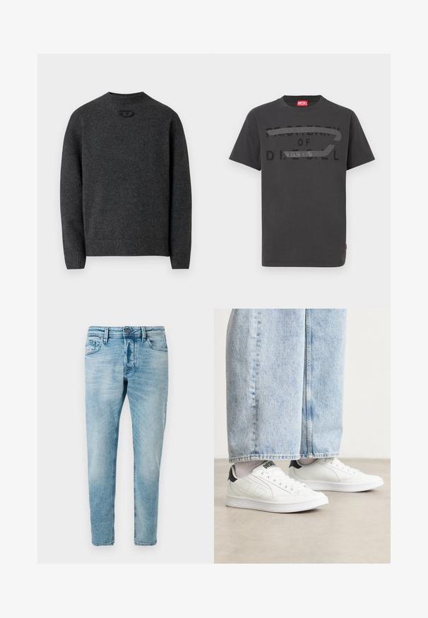 Dunkelgrauer Pullover aus weichem Strickstoff mit Rundhalsausschnitt sowie gerippten Bündchen an Ärmeln und Saum. Mit kleinem Logodetail auf der Rückseite.; Graues Baumwoll-T-Shirt mit fettem schwarzem Text "PROPERTY OF D.I.E.S.E.L.", glatter Textur und kurzen Ärmeln.; Helle blaue Denim-Jeans im Slim-Fit mit Fronttaschen und Knopfverschluss. Der Stoff hat eine weiche, strukturierte Oberfläche.; Weiße Sneaker mit einer glatten Ledertextur, schwarzen Fersenakzenten und perforierten Details. Kombiniert mit hellblauen, weiten Jeanshosen.