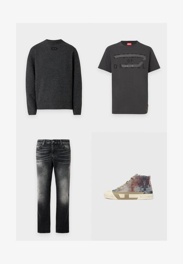 Suéter gris oscuro hecho de tela de punto suave, con cuello redondo y puños y dobladillo acanalados. Incluye un pequeño detalle de logo en la parte trasera.; Camiseta de algodón gris con texto negro en negrita que dice "PROPIEDAD DE D.I.E.S.E.L.", textura suave y mangas cortas.; Jeans negros con acabado desgastado y toques rasgados, diseño estándar de cinco bolsillos y cierre con cremallera. Elaborados en tela de denim.; Zapatillas de caña alta con parte superior de lona multicolor con patrones desvanecidos, suela beige y diseño minimalista. Costuras expuestas y detalles.