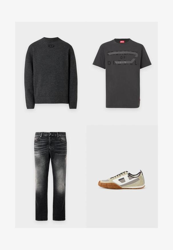 Pull gris foncé en tissu tricoté doux, avec un col rond et des poignets et un ourlet côtelés. Comprend un petit détail de logo à l'arrière.; T-shirt en coton gris avec un texte noir audacieux indiquant "PROPERTY OF D.I.E.S.E.L.", à la texture lisse et manches courtes.; Jean noir avec une finition délavée et des accents usés, design standard à cinq poches, et fermeture éclair. Fabriqué en tissu denim.; Baskets athlétiques avec une tige beige, des accents gris et blancs, un suède texturé et une semelle en caoutchouc à motif. Lacets marron et languette de traction inclus.