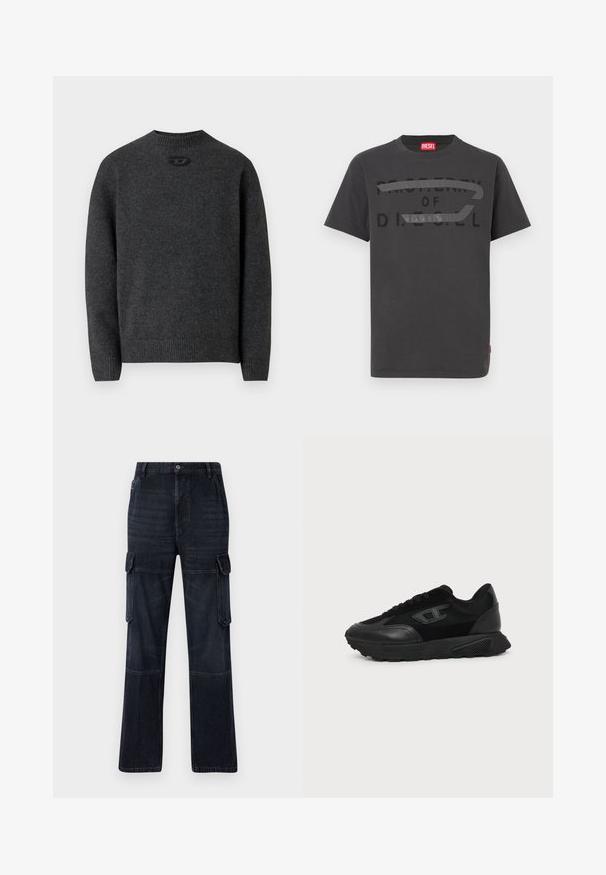 Mørkegrå sweater lavet af blødt strikket stof med rund halsudskæring og ribstrikkede manchetter og kant. Har et lille logodetalje på ryggen.; Grå bomulds-T-shirt med fed sort tekst, der lyder "PROPERTY OF D.I.E.S.E.L.", med en glat tekstur og korte ærmer.; Mørke denim cargo bukser med en afslappet pasform, der har to sidelommer, knæpaneler og kontrastsyning. Metallic knaplukning i taljen.; Sort lavt snøresko med struktureret sål, mesh- og læderoverdel, snørebånd foran og et lille præget logo på sidepanelet.