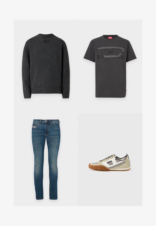 Mørkegrå sweater lavet af blødt strikket stof med rund halsudskæring og ribstrikkede manchetter og kant. Har et lille logodetalje på ryggen.; Grå bomulds-T-shirt med fed sort tekst, der lyder "PROPERTY OF D.I.E.S.E.L.", med en glat tekstur og korte ærmer.; Blå denim jeans med slim fit, der har knaplukning, klassisk fem-lomme design og let fading langs benene for et slidt udseende.; Athletiske sneakers med beige overdel med grå og hvide accenter, tekstureret ruskind og mønstret gummisål. Brune skosnørebånd og en trækflig medfølger.