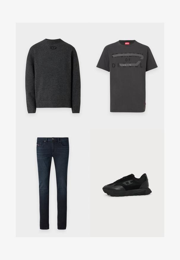 Mørkegrå sweater lavet af blødt strikket stof med rund halsudskæring og ribstrikkede manchetter og kant. Har et lille logodetalje på ryggen.; Grå bomulds-T-shirt med fed sort tekst, der lyder "PROPERTY OF D.I.E.S.E.L.", med en glat tekstur og korte ærmer.; Mørkeblå slim-fit jeans med let falmning på lårene, forlommer, bæltestropper og knaplukning i taljen.; Sort lavt snøresko med struktureret sål, mesh- og læderoverdel, snørebånd foran og et lille præget logo på sidepanelet.