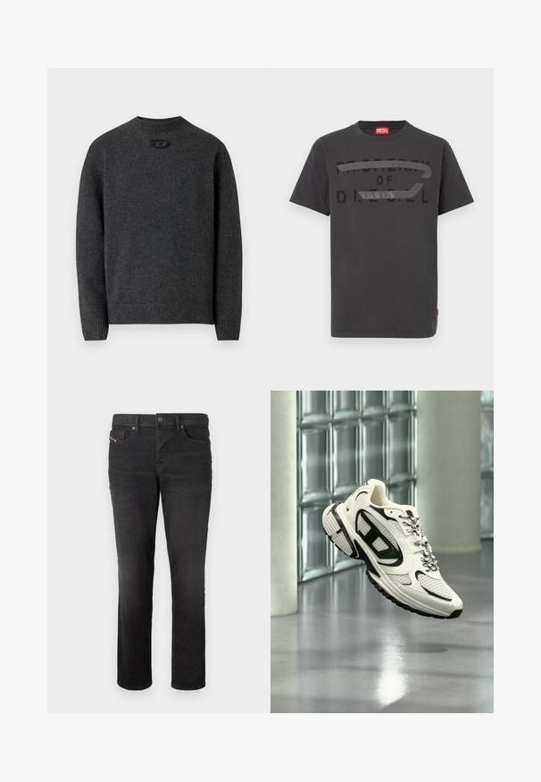 Mørkegrå sweater lavet af blødt strikket stof med rund halsudskæring og ribstrikkede manchetter og kant. Har et lille logodetalje på ryggen.; Grå bomulds-T-shirt med fed sort tekst, der lyder "PROPERTY OF D.I.E.S.E.L.", med en glat tekstur og korte ærmer.; Sorte denim jeans med lige ben, der har fem lommer, en knappelukning og subtile syninger foran.; Hvid og sort atletisk sneaker med mesh-detaljer og mønstrede snørebånd, svævende i luften i et moderne indendørs rum med glasblokke.