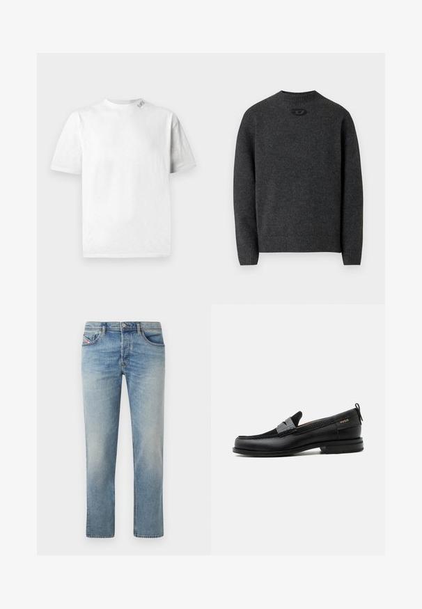 Mørkegrå sweater lavet af blødt strikket stof med rund halsudskæring og ribstrikkede manchetter og kant. Har et lille logodetalje på ryggen.; Hvid kortærmet T-shirt med rund halsudskæring, der har en subtil tekstur og en lille logo-detail på venstre skulder.; Lyseblå denimjeans med en lige ben-designet. Funktioner inkluderer fem lommer, bæltestropper og subtil udtoning hen over stoffet.; Sort læderloafer med grå remdetalje, lav hæl og tekstureret sål, mærket med "HUGO" i guld på siden.