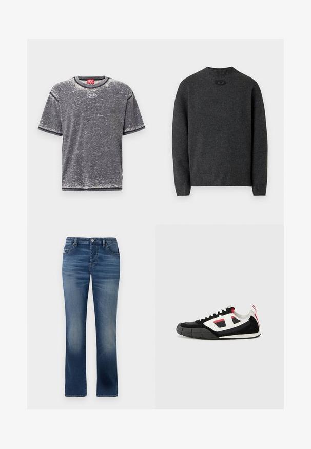 Dunkelgrauer Pullover aus weichem Strickstoff mit Rundhalsausschnitt sowie gerippten Bündchen an Ärmeln und Saum. Mit kleinem Logodetail auf der Rückseite.; Graues kurzärmliges T-Shirt aus weichem Material. Verfügt über einen runden Ausschnitt und eine dezente, tonale Textur. Auf der Vorderseite befindet sich ein Logodetail in der Mitte.; Dunkelblaue Jeans aus Denim mit geradem Bein, ausgestattet mit Fronttaschen, dezentem Verblassen und einem klassischen Knopfverschluss an der Taille.; Diesel S PAGODHA LOW - Sneaker low - black