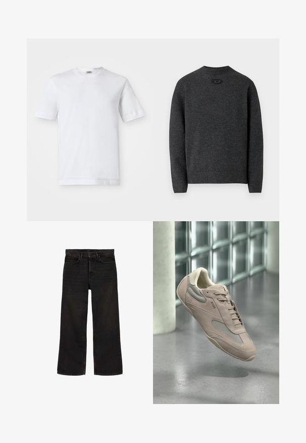Dunkelgrauer Pullover aus weichem Strickstoff mit Rundhalsausschnitt sowie gerippten Bündchen an Ärmeln und Saum. Mit kleinem Logodetail auf der Rückseite.; Weißes Baumwoll-T-Shirt mit kurzen Ärmeln, Rundhalsausschnitt und glatter Textur. Keine Muster oder Akzente sind sichtbar.; Schwarze Jeans mit geradem Bein, Vorder- und Gesäßtaschen, Gürtelschlaufen, Knopfverschluss und sichtbaren Nähten.; Hellrosa Wildleder- und Mesh-Sneaker mit Schnürdetail, runder Zehenpartie und beigen Akzenten; präsentiert vor einem minimalistischen Hintergrund.