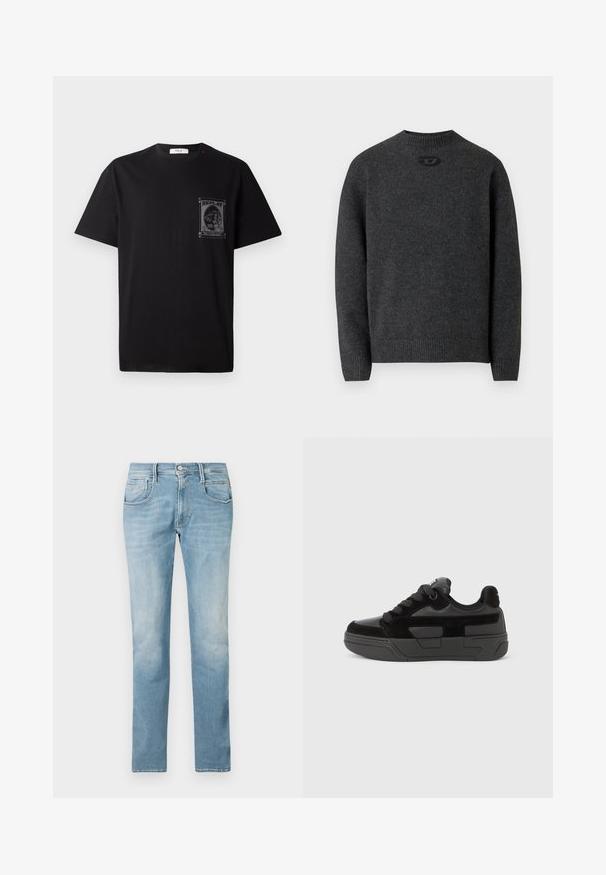 Donkergrijze trui gemaakt van zachte gebreide stof, met een ronde halslijn en geribbelde boorden en zoom. Voorzien van een klein logodetail aan de achterkant.; Zwarte katoenen t-shirt met korte mouwen, voorzien van een grafische print op de linkerborst en een kleine rode accent nabij de halslijn.; Lichtblauwe denim jeans met een rechte pijp ontwerp, vijf zakken en een vervaagde afwerking. Voorzien van een voorste knoop- en ritssluiting.; Zwarte sneaker met een mix van gladde en gestructureerde materialen, voorzien van een afgeronde neus, dikke zool en vetersluiting. Minimalistisch ontwerp met accenten.