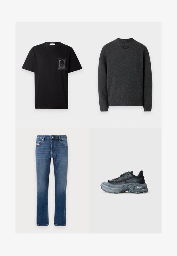 Donkergrijze trui gemaakt van zachte gebreide stof, met een ronde halslijn en geribbelde boorden en zoom. Voorzien van een klein logodetail aan de achterkant.; Zwarte katoenen t-shirt met korte mouwen, voorzien van een grafische print op de linkerborst en een kleine rode accent nabij de halslijn.; Donkerblauwe jeans van denim met een rechte snit, vijf zakken en een knoopsluiting. Heeft lichte vervaging en stikaccenten.; Zwarte en grijze Diesel sneakers met dikke zool, vetersluiting en gestructureerd ontwerp op een effen lichtgrijze achtergrond.