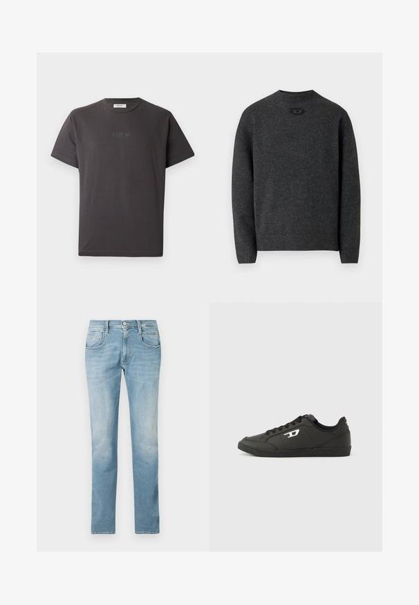 Mørkegrå sweater lavet af blødt strikket stof med rund halsudskæring og ribstrikkede manchetter og kant. Har et lille logodetalje på ryggen.; Mørkegrå kortærmet bomulds-t-shirt med et diskret reliefprint af "REPLAY" logoet foran. Rund halsudskæring og afslappet pasform.; Lysblå denim jeans med lige ben design, fem lomme stil og en slidte finish. Har en frontknap og lynlås lukning.; Sorte syntetiske sneakers med en struktureret sort sål, rund tå og flade sorte snørebånd. Fremtrædende hvidt logo på ydersiden.