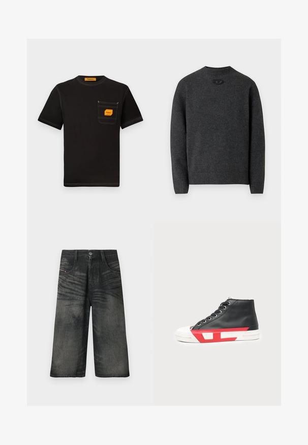 Dunkelgrauer Pullover aus weichem Strickstoff mit Rundhalsausschnitt sowie gerippten Bündchen an Ärmeln und Saum. Mit kleinem Logodetail auf der Rückseite.; Schwarzes Baumwoll-T-Shirt mit Rundhalsausschnitt, kurzen Ärmeln und einer Brusttasche, die ein oranges Etikett und kontrastierende Nähte aufweist.; Schwarze Denim-Shorts mit weitem Bein, vorne mit Knöpfen, Reißverschluss, Gürtelschlaufen und verblassten Designdetails.; Schwarzer High-Top-Sneaker mit weißer Gummispitze und Sohle, mit roten geometrischen Akzenten entlang der Sohle.