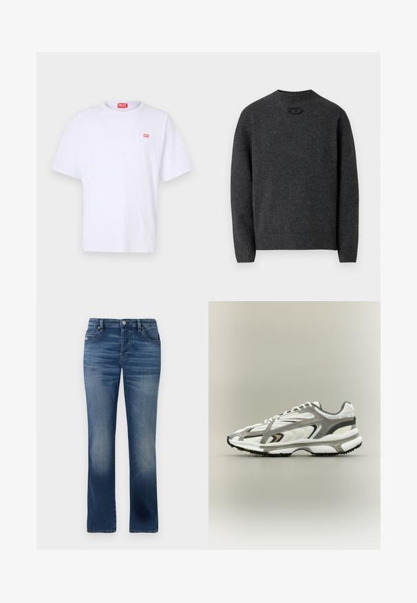 Dunkelgrauer Pullover aus weichem Strickstoff mit Rundhalsausschnitt sowie gerippten Bündchen an Ärmeln und Saum. Mit kleinem Logodetail auf der Rückseite.; Weißes Baumwoll-T-Shirt mit kurzen Ärmeln, Rundhalsausschnitt und einem kleinen roten rechteckigen Diesel-Logo auf der linken Brust.; Dunkelblaue Jeans aus Denim mit geradem Bein, ausgestattet mit Fronttaschen, dezentem Verblassen und einem klassischen Knopfverschluss an der Taille.; Sportschuh mit einem weißen Mesh-Obermaterial, grauen Akzenten, schwarzer Gummisohle und einem aerodynamischen Design. Verfügt über Schnürsenkel und strukturierte Details.