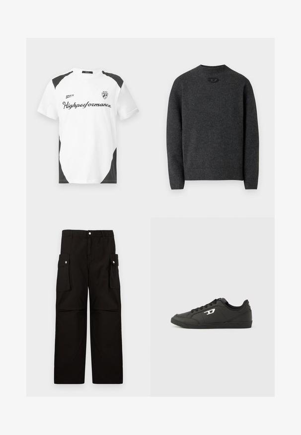 Dunkelgrauer Pullover aus weichem Strickstoff mit Rundhalsausschnitt sowie gerippten Bündchen an Ärmeln und Saum. Mit kleinem Logodetail auf der Rückseite.; Weißes Kurzarm-T-Shirt mit schwarzen Akzenten. Verfügt über das Logo "REPLAY FC" und den Text "Highperformance" in einer sportlichen Schriftart. Hergestellt aus einem glatten Material.; Schwarze Cargo-Hosen aus weichem Stoff, mit einem elastischen Bund, seitlichen Taschen mit Klappen und einem lockeren, geraden Schnitt.; Schwarze Sneakers aus synthetischem Material mit einer strukturierten schwarzen Sohle, rundem Zehenbereich und flachen schwarzen Schnürsenkeln. Auffälliges weißes Logo auf der Außenseite.