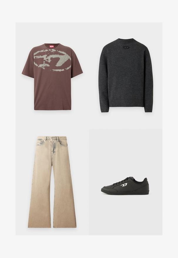 Pull gris foncé en tissu tricoté doux, avec un col rond et des poignets et un ourlet côtelés. Comprend un petit détail de logo à l'arrière.; T-shirt marron à manches courtes avec un grand graphique ovale gris usé et une étiquette de marque Diesel rouge à l'intérieur du col.; Jean large beige avec texture décolorée, design à cinq poches et détails cousus le long des coutures. La taille dispose d'une fermeture à bouton traditionnel.; Baskets synthétiques noires avec une semelle noire texturée, un bout rond et des lacets plats noirs. Logo blanc remarquablement placé sur le côté extérieur.