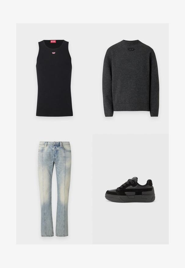 Dunkelgrauer Pullover aus weichem Strickstoff mit Rundhalsausschnitt sowie gerippten Bündchen an Ärmeln und Saum. Mit kleinem Logodetail auf der Rückseite.; Schwarzes ärmelloses Diesel Tanktop mit kleinem roten und weißen Logo auf der Brust und rotem Diesel-Label innen im Kragen.; Hellblaue Jeans aus Denim mit geradem Bein, doppelt abgesteppten Nähten, Fronttaschen und einem verwaschenen Finish. Kein sichtbares Markenzeichen.; Schwarzer Sneaker mit einer Mischung aus glatten und strukturierten Materialien, ausgestattet mit einer runden Spitze, dicker Sohle und Schnürverschluss. Minimalistisches Design mit Akzenten.