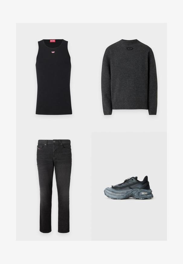 Dunkelgrauer Pullover aus weichem Strickstoff mit Rundhalsausschnitt sowie gerippten Bündchen an Ärmeln und Saum. Mit kleinem Logodetail auf der Rückseite.; Schwarzes ärmelloses Diesel Tanktop mit kleinem roten und weißen Logo auf der Brust und rotem Diesel-Label innen im Kragen.; Schwarze Denim-Jeans mit geradem Bein, ausgestattet mit fünf Taschen, einem Knopfverschluss und subtilen Nähdetails auf der Vorderseite.; Schwarz- und graue Diesel-Sneaker mit dicker Sohle, Schnürverschluss und strukturiertem Design auf einem schlichten hellgrauen Hintergrund.