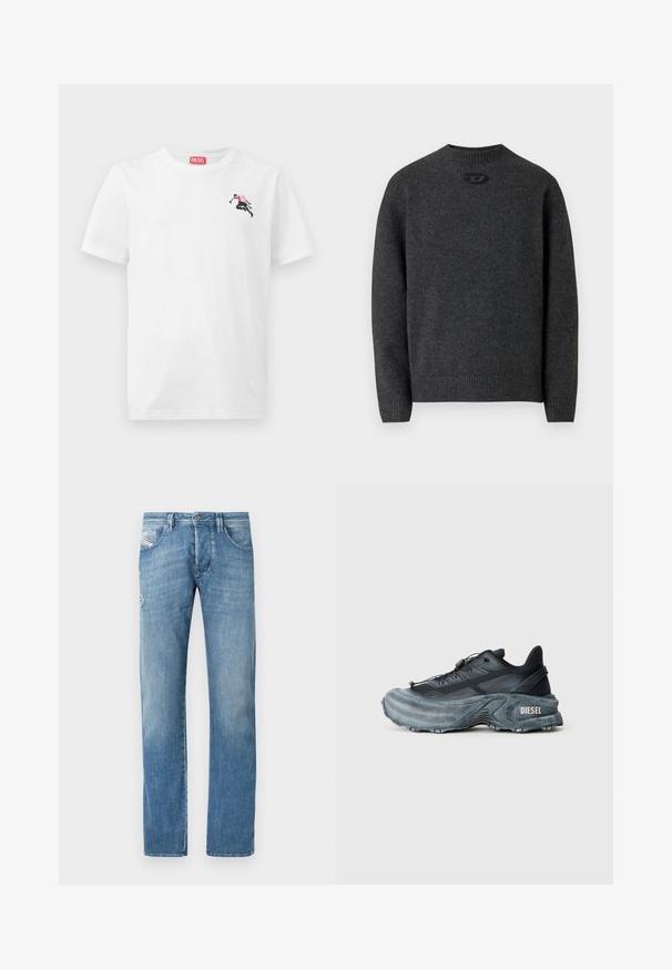 Mørkegrå sweater lavet af blødt strikket stof med rund halsudskæring og ribstrikkede manchetter og kant. Har et lille logodetalje på ryggen.; Hvid bomulds-T-shirt med en lille sort og rød grafik på venstre bryst og et rødt logomærke ved halsudskæringen. Korte ærmer, rund hals.; Lyseblå denimjeans med lige ben, der har knaplukning, fem lommer og diskrete syningsdetaljer på baglommerne.; Sort og grå Diesel sneakers med tyk sål, snørrebåndslukning og tekstureret design på en ensfarvet lysegrå baggrund.