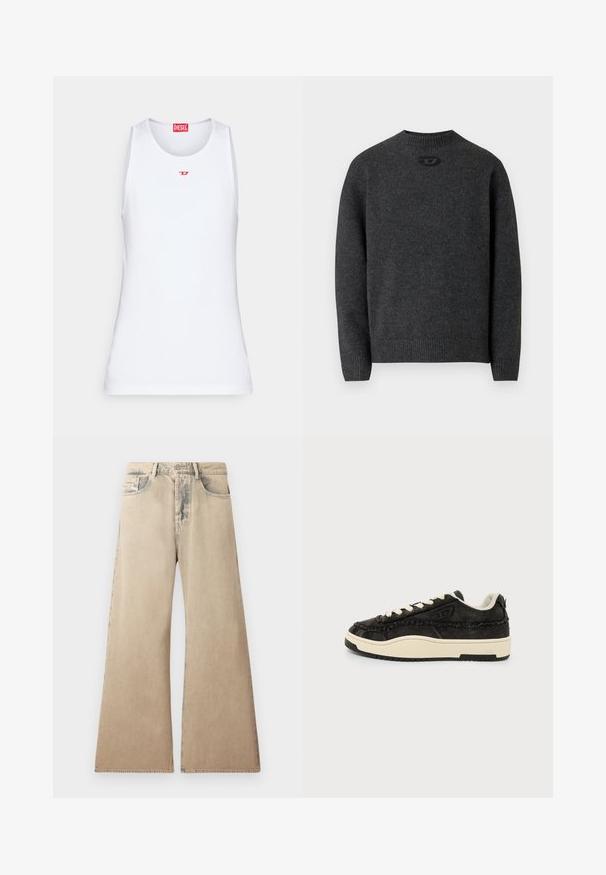 Dunkelgrauer Pullover aus weichem Strickstoff mit Rundhalsausschnitt sowie gerippten Bündchen an Ärmeln und Saum. Mit kleinem Logodetail auf der Rückseite.; Weißes ärmelloses Tanktop aus glattem Stoff. Verfügt über einen runden Ausschnitt und ein kleines rotes "D"-Logo in der Mitte.; Beige weite Jeans mit verblichener Textur, Fünf-Taschen-Design und genähten Details entlang der Nähte. Der Bund hat einen klassischen Knopfverschluss.; Schwarzer Sneaker mit niedrigem Schaft, cremefarbener Sohle und Schnürsenkeln, ausgefransten Stoffdetails und gepolstertem Kragen auf weißem Hintergrund.