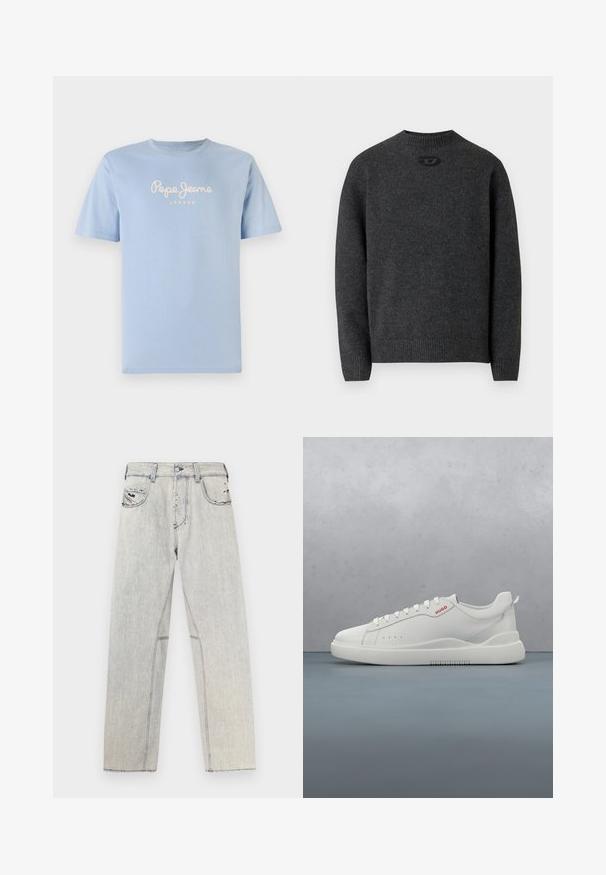 Mørkegrå sweater lavet af blødt strikket stof med rund halsudskæring og ribstrikkede manchetter og kant. Har et lille logodetalje på ryggen.; Lyseblå bomulds t-shirt med rund halsudskæring og korte ærmer. Den viser "Pepe Jeans London" i hvid skriveskrift hen over brystet.; Lyseblå denimjeans med lige snit, der har kontrastsyninger, to forlommer og slidte detaljer på stoffet.; Hvide sneakers med en glat læderfinish, rund tå, fire snørehuller, subtile perforeringer og en rød logo detalje på siden.