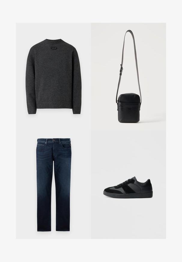 Dunkelgrauer Pullover aus weichem Strickstoff mit Rundhalsausschnitt sowie gerippten Bündchen an Ärmeln und Saum. Mit kleinem Logodetail auf der Rückseite.; Dunkelblaue Jeans aus Denim mit geradem Bein, fünf Taschenstil und sichtbarem Knopfverschluss an der Taille. Glatte Textur.; Schwarze Sneaker aus einer Mischung von glattem Leder und Wildleder, mit einer strukturierten schwarzen Gummisohle und dezenten Streifendetails.; Schwarze rechteckige Leder-Crossbody-Tasche mit vorderer Reißverschlusstasche und verstellbarem Schultergurt vor einfarbigem Hintergrund.
