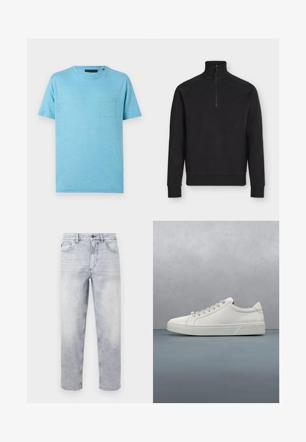 Pull noir à manches longues avec col montant côtelé et fermeture éclair demi-devant, poignets côtelés et logo discret sur la poitrine.; T-shirt bleu clair à manches courtes et col rond avec une petite poche sur la poitrine à gauche, sur un fond neutre.; Jean en denim gris clair délavé pierre avec fermeture par bouton et fermeture éclair, poches avant et arrière, coupe droite.; Baskets en cuir blanc avec un bout arrondi, design minimaliste, lacets gris et semelle en caoutchouc gris texturé. Détails de couture subtils visibles.