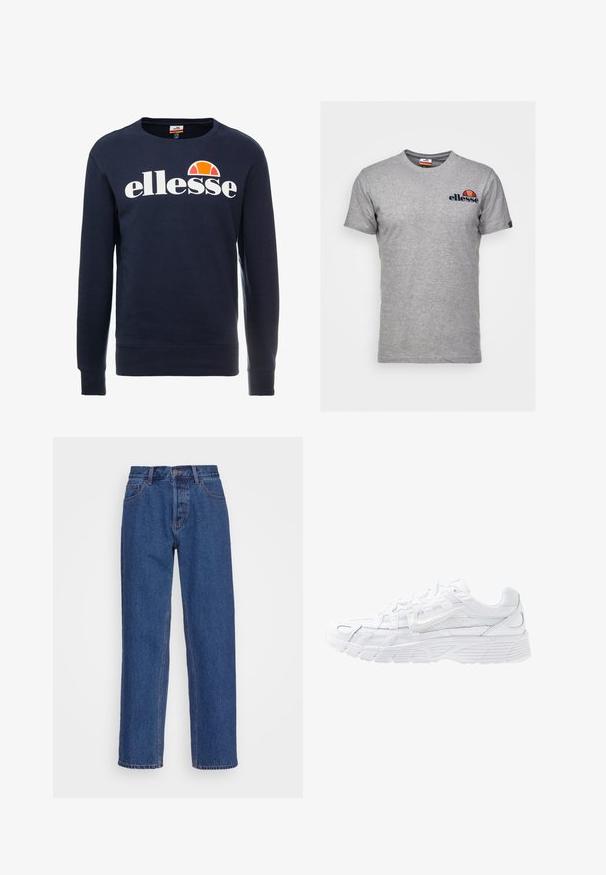 Tumedast sinise puuvillase segumaterjalist sviiter, millel on valge "ellesse" logo ja oranž poolringikujuline graafika logo kohal. Ümar kaelus ja soonikkoes varrukate otsad.; Hallune lühikeste varrukatega hall puuvillane T-särk. Vasakul rinnal on tume sinine "ellesse" logo ja kaeluses värviline logodetail.; Sinine denim materjalist teksad, millel on klassikaline sirge jala disain, kõrgem talje, pahkluu aasad ja peened õmblused.; Nike Sportswear P 6000 UNISEX - Tossud - white/platinum tint