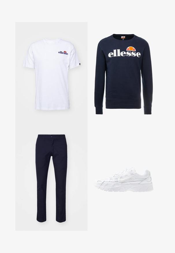 Námornícky modrý sveter vyrobený z bavlnenej zmesi, s bielym logom "ellesse" a polkruhovou grafikou v oranžovej farbe nad logom. Okrúhly výstrih a pružné manžety.; Biela bavlnená tričko s krátkymi rukávmi, na ľavej hrudi s námornícko modrým vyšitým logom a živou farebnou akcentáciou nad logom.; Námornícke modré chinos zmesovej bavlny so strihaním rovného strihu, prednými vreckami a gombíkovým zapínaním v páse.; Nike Sportswear P 6000 - Tenisky - white/platinum tint
