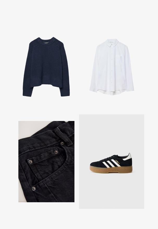 Pull en tricot bleu marine avec un col rond, un ourlet côtelé et des manches raglan. Confectionné dans une texture douce pour le confort et la chaleur.; Chemise blanche à manches longues, à boutons, avec col et poche poitrine unique, ourlet légèrement incurvé, présentée sur un fond blanc.; Pantalon en denim noir avec une taille haute, doté d'une petite poche avant, d'accents en métal et d'une surface en tissu texturé.; Baskets en daim noir avec trois bandes blanches et logo doré. Semelle en gomme avec adhérence texturée. Design classique à tige basse, bout arrondi.