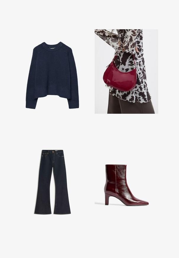 Marineblå strikket sweater med rund halsudskæring, ribbet kant og raglanærmer. Fremstillet af en blød tekstur for komfort og varme.; Mørke denim flare jeans med høj talje, kontrastsyede sømme, knaplukning og fire lommer. Buksebenene bliver bredere ved kanten.; Burgundy læder ankelstøvle med spids tå, slankt design og en mellemstor blokhæl. Glat tekstur og minimal sømdetaljering.; Kvinde iført en sort- og hvidmønstret bluse, der holder en blank rød skuldertaske mod en ensfarvet baggrund.