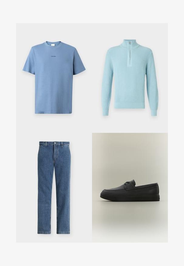 Hellblauer, gerippter Pullover mit hohem Kragen, Halbreißverschluss, langen Ärmeln und tailliertem Saum, gefertigt aus weichem, strukturiertem Stoff.; Helles, blaues Baumwoll-T-Shirt mit kurzen Ärmeln, Rundhalsausschnitt und dezentem "Calvin Klein"-Logo in Schwarz auf der Brust. Glatte Textur.; Blau geschnittene Jeans mit geradem Bein, Gürtelschlaufen, Vorderknopf und Reißverschluss, gezeigt vor einem einfarbigen hellen Hintergrund.; Schwarzer lässiger Lederloafer mit Schnürdetails und dicker Gummisohle, seitlich auf neutralem Hintergrund dargestellt.