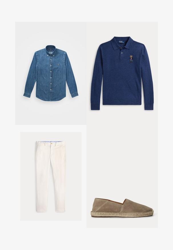 Marineblaues Poloshirt mit langen Ärmeln, zwei Knöpfen und einem auf der linken Brust eingestickten Bären, der einen Pullover und Jeans trägt.; Denimhemd mit langen Ärmeln, Button-Down-Kragen und einem dezenten vertikalen Streifenmuster in einem mittelblauen Farbton mit einem Logo-Akzent.; Herren Slim-Fit-Hose in Off-White mit Fronttaschen, Gürtelschlaufen und Knopfverschluss vor einfarbigem Hintergrund.; Beiger Wildleder-Espadrilleschuh mit geflochtener Jutesohle und geschlossenem, abgerundetem Zehenbereich, seitlich auf neutralem Hintergrund gezeigt.