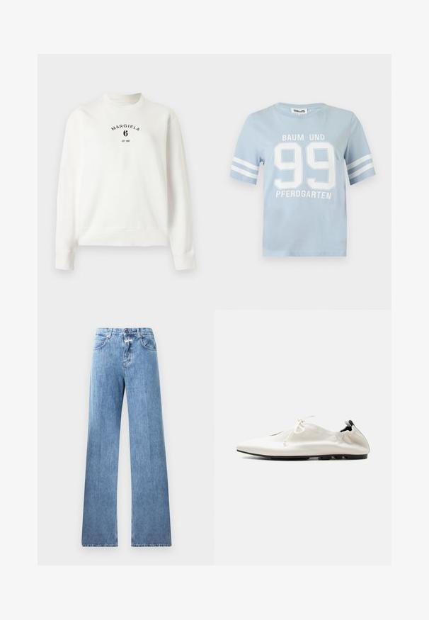 Sweat-shirt blanc à manches longues avec col, poignets et bas côtelés, avec l'inscription « Margiela 6 EST 1997 » imprimée en noir sur la poitrine.; T-shirt bleu clair à manches courtes avec des rayures blanches sur les manches et grand "99" blanc avec le texte "BAUM UND PFERDGARTEN" sur le devant.; Jeans en denim bleu clair avec une coupe large, cinq poches, passants de ceinture et fermeture à bouton. Le tissu a une texture lisse.; Chaussure blanche minimaliste en cuir à enfiler avec talon rentré, fermeture à lacets et semelle fine noire sur fond uni.